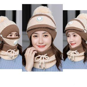 Girls Pom Pom Beanie with Neck Gaiter and Mask